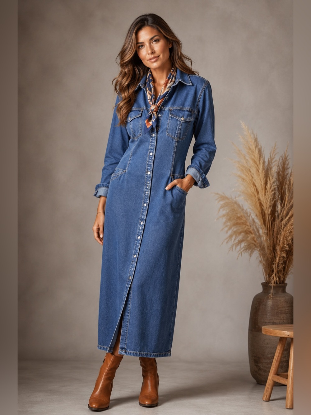 Chelsea Studio Vintage Denim Maxi Shirt Dress Blue Stretch Snap Front Size 10